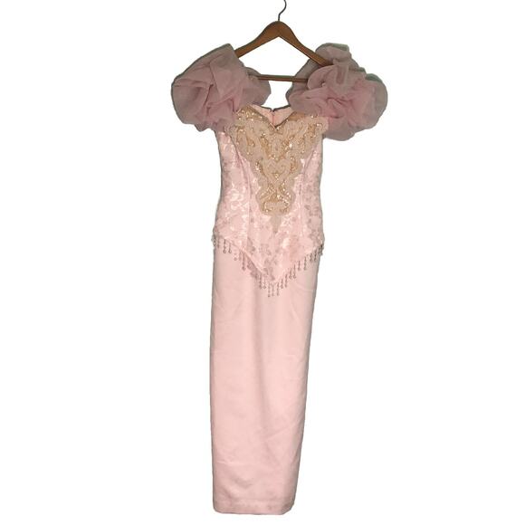 Vintage Lillie Rubin pink sequin Sweetheart Off Shoulder Maxi Dress Gown Size 4 - Picture 1 of 9